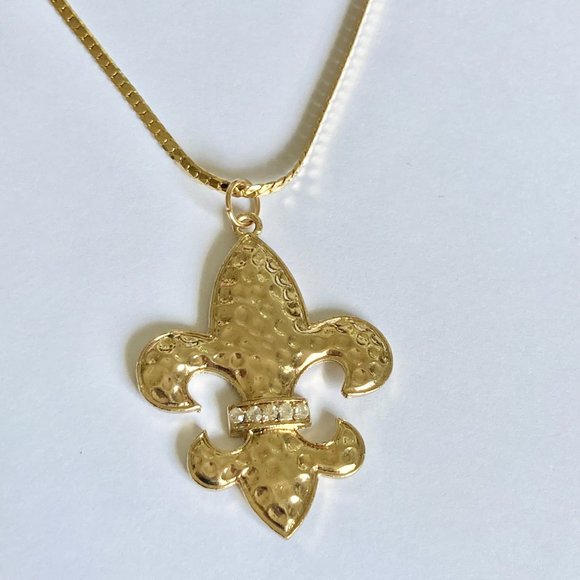 Vintage Fleur de Lis Pendant Necklace Gold Plated 24" BIG Statement Mardi Gras - Picture 6 of 12